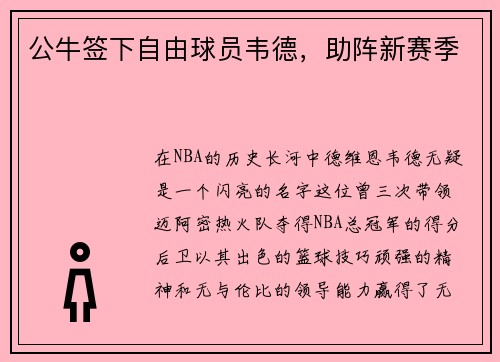 公牛签下自由球员韦德，助阵新赛季